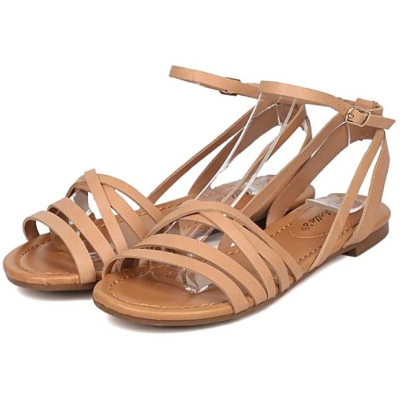 New Natural Beige Strappy Ankle Strap Flat Sandals - Picture 3 of 4